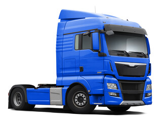 A modern European truck is completely light blue. Front side view isolated on white background.