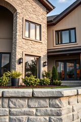 Fototapeta premium Luxury Home Exterior: Modern Stone and Brick Architecture, Elegant Design, Landscaping, and Spacious Garden