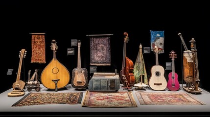 Collection of vintage stringed instruments and textiles displayed on a table.