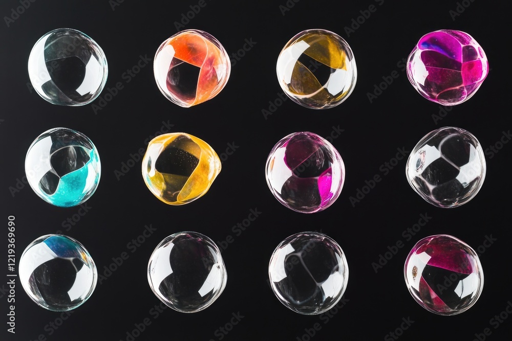 Poster a close-up shot of colorful soap bubbles floating on a black surface, perfect for use in designs rel