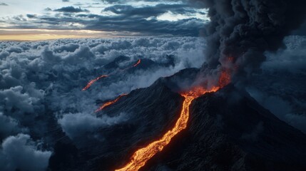Fototapeta premium Bright orange lava flows from a volcanic eruption, illuminating the dark landscape. Clouds engulf the peak as smoke billows into the dusky sky during twilight