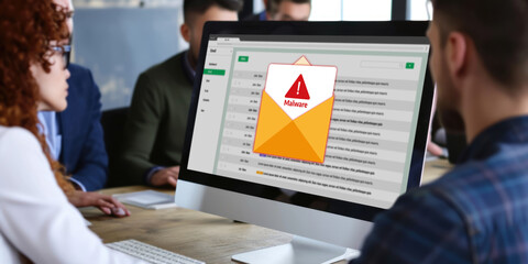 Cyber attacking concept. Malware alert showing on computer screen display scam and threat detection on computer system or online server to be removed brisk.