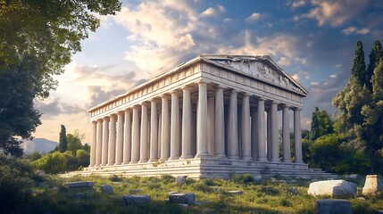 Picturesque colonnade lined with flourishing plants and Mediterranean stone architecture
