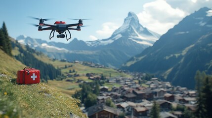 A red drone flies over a Swiss village with a first aid kit in the foreground.