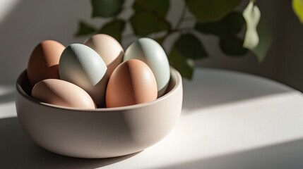 A bowl filled with delicate, multicolored eggs rests on a table. Soft sunlight shines on them, casting gentle shadows and highlighting their textures, surrounded by greenery