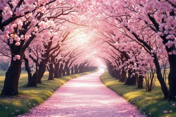 vanishing path  surrounded by japanese Sakuras in blooms, soft bright beautiful light