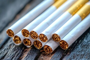 A pile of cigarettes sitting on a wooden table, ready for use