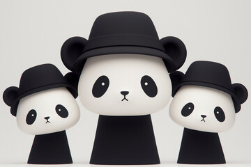 Obraz premium Funny Three Pandas in Black Hats on White Background, 3D Illustration