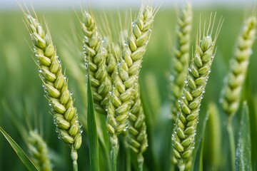 Wheat stalks glistening with dew in a lush green field under soft morning light