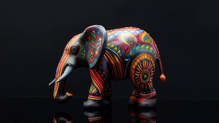 A detailed handcrafted clay elephant painted with bright patterns, standing on a smooth reflective surface.