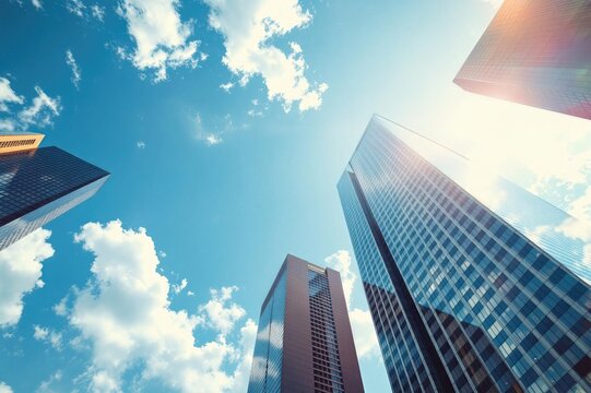 Low angle view of skycrapers on bright sunny day, copy space