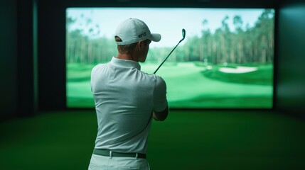 Golfer Practicing Swing in Indoor Golf Simulator