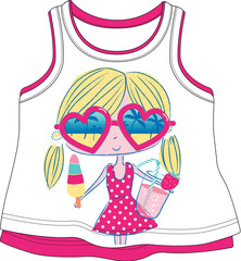 Cute little girl with heart shaped sunglasses holding colorful ice cream wearing pink skirt in summer outfit
