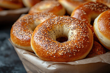 fresh bagels neatly arranged in a basket. Each bagel has a delicious golden crust and is covered with a mixture of sesame and poppy seeds, which adds texture and flavor.  