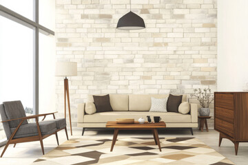 Modern cozy living room with minimalist design and natural light in urban setting