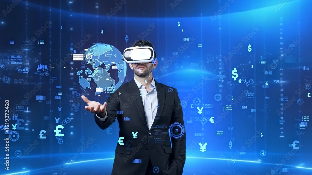 Poster professional business man holding network globe hologram while wearing vr glasses. skilled project m