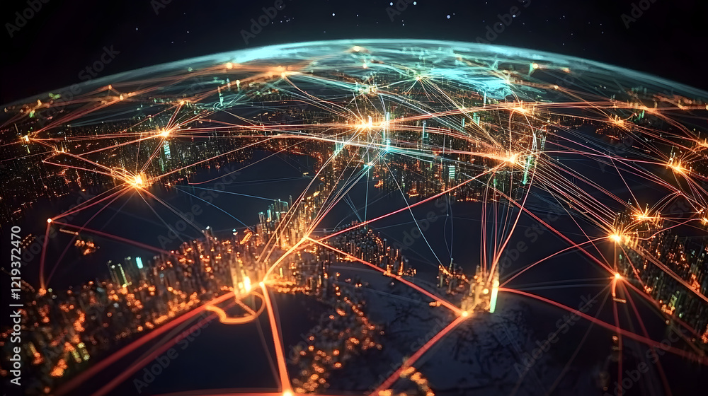 Poster a global network of interconnected business hubs with lines and data flowing between them generative