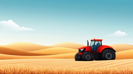 Obraz premium Vibrant Red Tractor in Golden Wheat Field Under Clear Blue Sky with Rolling Hills in the Background