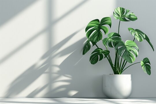 Fototapeta Vibrant green monstera plant casting shadows in modern interior design.