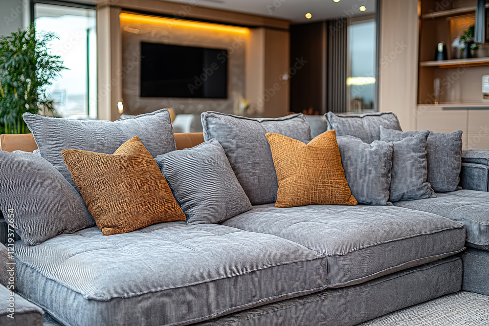 Poster large sectional sofa with pillows and a plant in the background. the sofa is covered in a striped pa