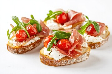 Mini bruschetta appetizers presented on white background. Selection of small, rustic Italian bites shows prosciutto, cherry tomatoes, fresh arugula, creamy cheese spread. Delicious mini snacks