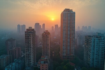 Fototapeta premium A city skyline at sunset with tall buildings and vibrant colors