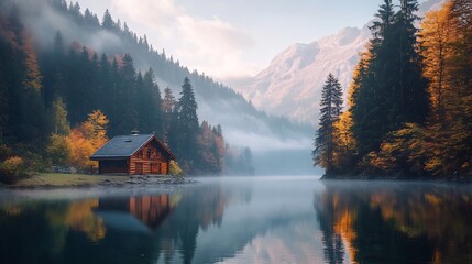 Fototapeta premium Secluded Wooden Cabin by a Misty Lake in the Autumn Mountains