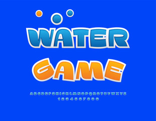 Vector Creative poster Water Game. Elegant Blue Sticker Font. Typography Modern Alphabet Letters and Numbers set.
