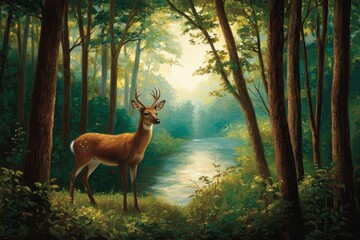 Majestic Deer by the River in a Sunlit Forest