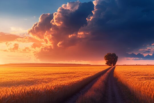 Vibrant sunset over a golden wheat field with a dirt path leading to a lone tree
