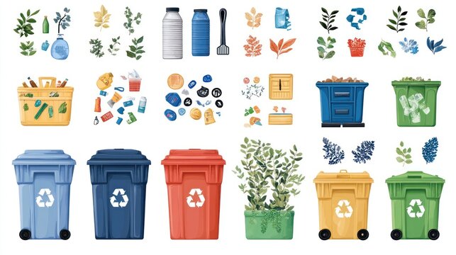 A set of colorful recycle bins with various trash items and plants.