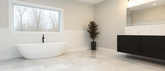 Fototapeta premium Modern bathroom featuring a freestanding tub and natural light from a large window