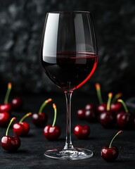 A glass of red wine surrounded by fresh cherries on a dark background.