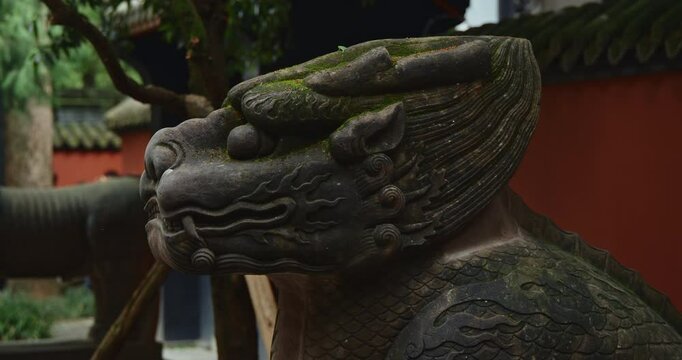 Chengdu, Sichuan, China. Stone Sculptures Of Kylins Or Qilin At Tomb Passage In Wuhou Memorial Temple. Kylins Is Mascot Dragon In China. Qilin Legendary Hooved Chimerical Creature That Appears In