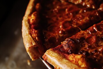 A close-up shot of a pizza with a slice taken out, perfect for showcasing food details or advertising a meal