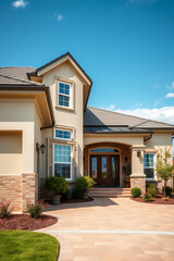 Fototapeta premium Luxury Home Exterior: Modern Architectural Design, Brick Facade, and Landscaped Entrance