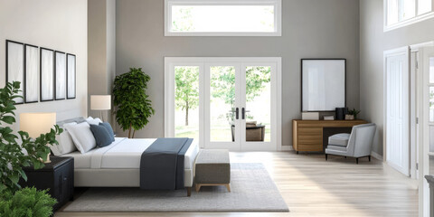 Modern bedroom interior with large windows and stylish furniture in bright natural light