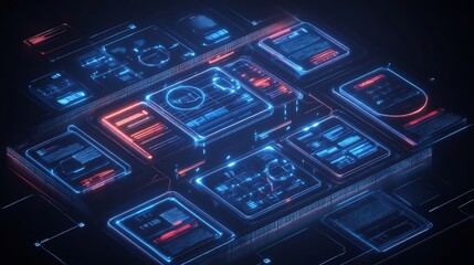 Crm system interfaces conceptualized glowing holographic widgets that display wellorganized data flows in a futuristic and intuitive layout