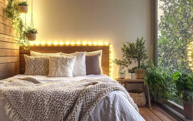 Cozy bedroom with warm lighting and indoor plants creating a tranquil space