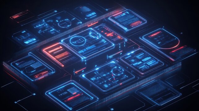 Crm system interfaces conceptualized glowing holographic widgets that display wellorganized data flows in a futuristic and intuitive layout