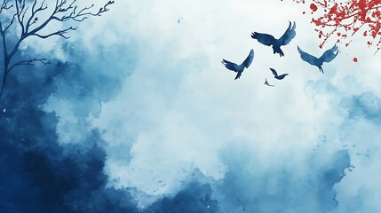 Fototapeta premium Watercolor Birdscape Featuring Silhouetted Birds and Trees