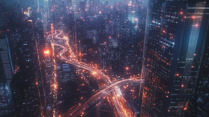 Obraz premium Smart digital Innovation city with connection network reciprocity over the twilight cityscape. of future smart wireless digital city and social media networking systems that connects people with city