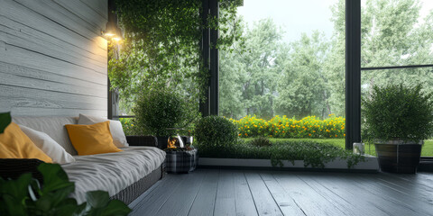 Cozy indoor lounge area with greenery and natural light in a serene garden setting