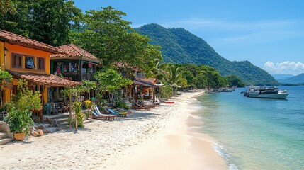 Tropical Beach Houses nestled beside a tranquil ocean