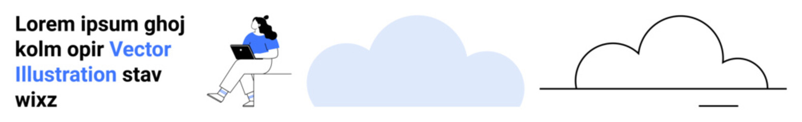 Woman working on laptop on bench, large blue cloud, minimalist cloud outline. Ideal for remote work, technology, cloud computing, creativity, simplicity, minimalism, outdoor workspace. Landing page