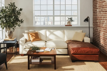 Elegant living room with white sectional sofa and wooden coffee table in urban apartment