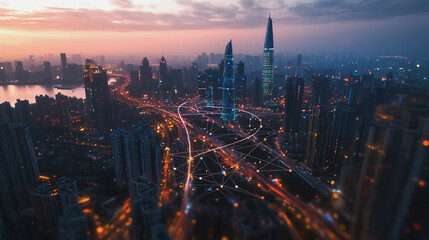 Smart digital Innovation city with connection network reciprocity over the twilight cityscape. of future smart wireless digital city and social media networking systems that connects people with city