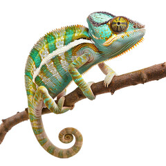 Fototapeta premium Vibrant Chameleon on Branch Exotic Reptile Colorful Scales Nature Wildlife