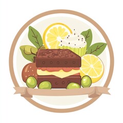 Food illustration with sandwich, lemon, muffin, olives, and leaves. Web use