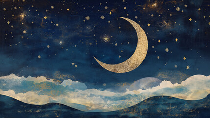 Fototapeta premium A mesmerizing night sky illuminated with a radiant golden crescent moon and countless sparkling stars scattered across the vast expanse